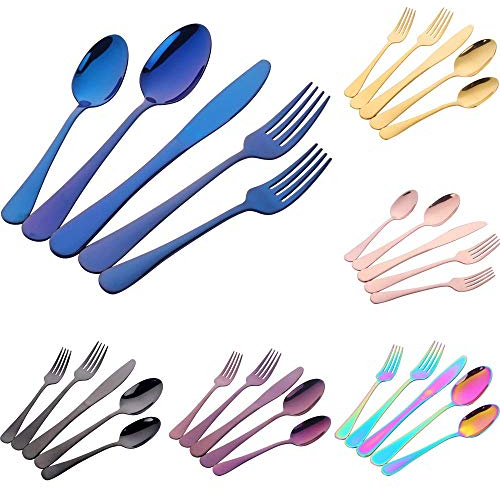 Couverts Set 30 pièces Mix Color pour 6 personnes, Or Rose Doré Noir Violet Bleu Arc en Ciel
