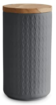 Springlane Vorratsdose 900 ml Dunkelgrau – mit Holzdeckel & Rautenmuster – Aufbewahrungsdose 18,3 x 10,1 cm aus Keramik für Kaffee, Tee, Müsli und mehr