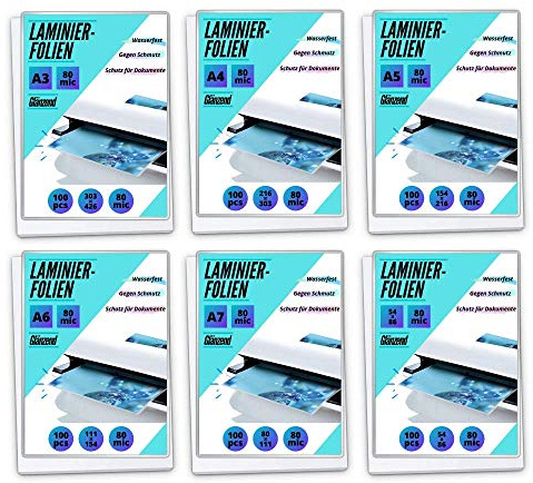 MK PREMIUM Laminierfolien-Set 6x100 Stück - A3/A4/A5/A6/A7/54x86 mm - Laminierfolien Starterset… (2 x 80 Mic = 160 Micron)