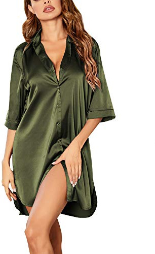 Ekouaer Satin nattlinne dam sommar kortärmad knappslå sexig nattklänning kort 3/4 ärmar sleepshirt med djup V-ringning nattkläder negligé, 8 mörkgrön, XXL