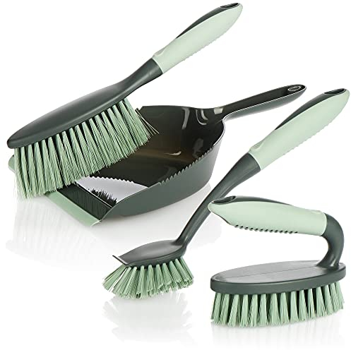 COM-FOUR® Set di pulizia in 4 parti, spazzola a mano, paletta, spazzola a mano e spazzola per piatti, set di base per la pulizia perfetta (grigio-verde chiaro)