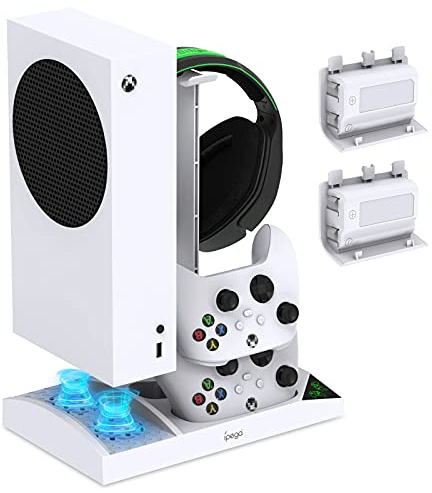 Charger Stand with Cooling Fan for Xbox Series S Console and Controller,Vertical Dual Charging Dock Accessories with 2 x 1400mAh Rechargeable Battery and Cover, Earphone Bracket for XSS