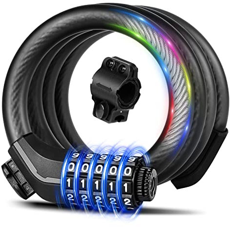 Keystp Cavo per lucchetto bicicletta, fino a 15 mm di spessore, in acciaio ad alta sicurezza a 5 cifre, combinazione antifurto ripristinabile, con staffa di montaggio per biciclette e scooter, nero