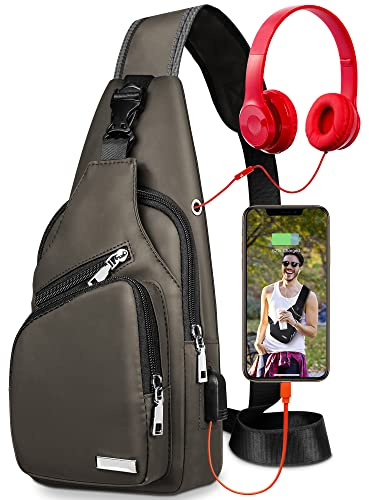 Waterproof Sling Bag Crossbody Backpack for Men Women Sling Backpack Hiking Daypack Multipurpose Cross Body Chest Shoulder Bag with USB Charger Port & Headphone Hole for Outdoor Walking Travel (Khaki)