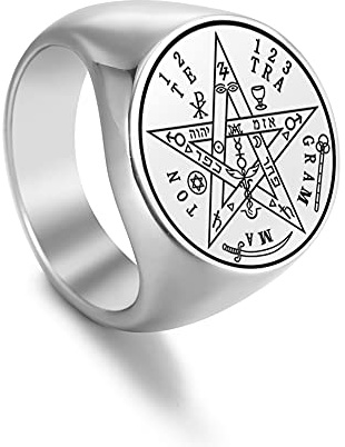 Amaxer Anillo de sello de pentáculo de tetragrammaton para hombre, talismán para amor, sello de Salomón, pentagrama, amuleto mágico bendito, anillo de banda de acero inoxidable (Plata, 12)
