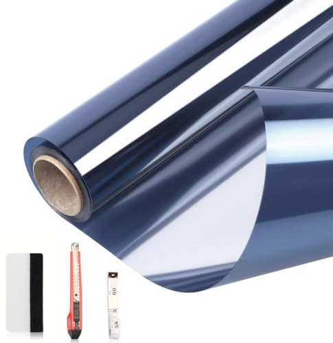 Arthome Film Fenetre Anti Regard Anti-UV 60cmx254cm, Film pour fenêtre avec contrôle de la Chaleur, Teinte réfléchissante, sans Colle, Adhésif Statique pour Maison et Bureau,Bleu Argenté, avec Outil