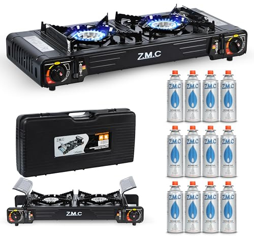 ZMC Premium Campingkocher 2-flammig 2,5 kW mit Piezo-Zündung & TRANSPORTKOFFER | Doppelgaskocher für Outdoor, Balkon & Indoor | Gaskocher Set wählbar: inkl. Grillplatte 45×24 cm und 227g Gaskartuschen