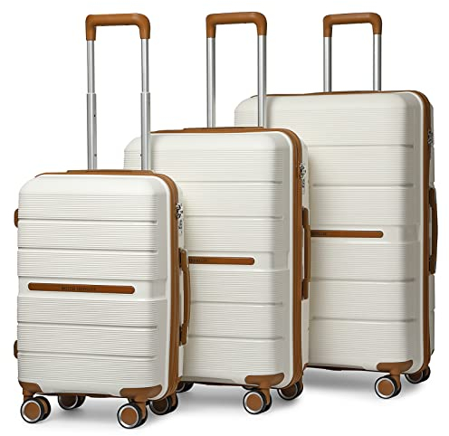 British Traveller Koffer Trolleys Set Hartschalenkoffer 100% PP Handgepäck Koffer mit 8 Spinnerräder Rollkoffer Reisekoffer TSA-Schloss Neu Beige