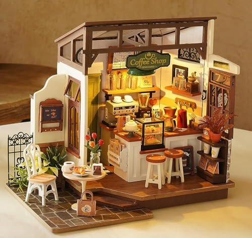 ROBOTIME DIY Holzpuppenhaus Set mit Miniaturmöbeln, Modellbausatz mit Zubehör und LEDs, Modellbausatz für Erwachsene und Kinder, Feiertag Geburtstag (NO.17 Coffee)