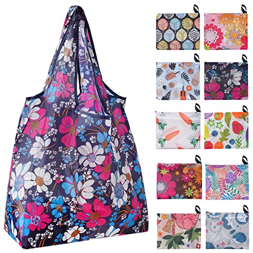 Wylnsie 10 Stück Faltbare Tragbare Einkaufsbeutel,Groß wiederverwendbare Umweltfreundlich Einkaufstaschen,Wasserdicht, Dauerhaft und Leicht Waschbar für Einkaufen Camping Reiseaufbewahrung
