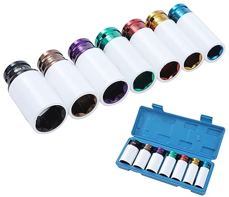 TOPWAY 1/2 Inch Drive Alloy Wheel Impact Deep Socket Set 17-27mm 7PCs Multicolour Extra Thin Wall Metric Protective Lug Nut Sockets, Chrome Vanadium Steel, Auto Repairing Garage Tool