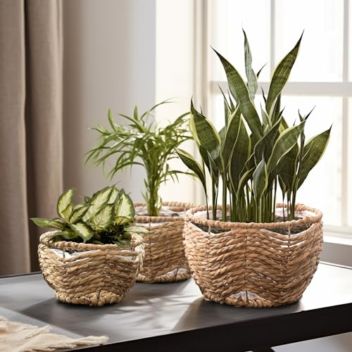 La Jolíe Muse Seegras Pflanzkorb Innenraum, Inneneinrichtung, Blumentöpfe Abdeckung, Pflanzgefäße, Indoor-Pflanztöpfe Blumentöpfe mit Eisen-Ständer, Natur, 3-Set,28cm+22cm+17 cm