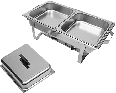 Chafing Dish Profi Set, 2 in 1 Edelstahl Warmhaltebehälter 60x34.5x30cm, mit Verbrühschutz Griff, 2X Brennpastenbehälter und 2X Lebensmittelpfanne, abnehmbar, für Catering, Buffet und Party