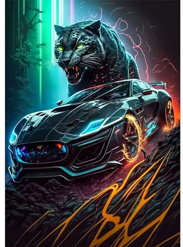 QENSPE 5D Diamond Painting Leopard Diamant Painting Bilder Sportwagen Diamond Art Erwachsene Full DIY Diamant Kunst Malerei Stickerei Set Kreuzstich Bilder Home Wand Dekor 30x40cm