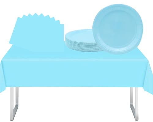 Ensemble de vaisselle de fête 37 pièces avec nappe en plastique bleu layette, assiettes en papier et serviettes de table pour décoration de fête, pique-nique, Halloween, fête d'anniversaire d'enfants