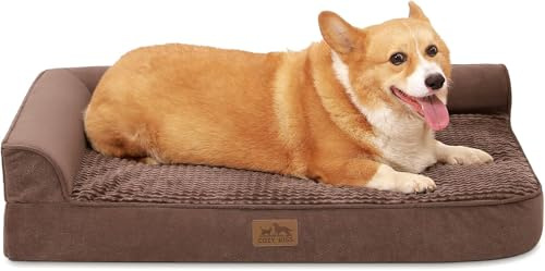 COZY KISS Orthopädisches Hundebett Waschbar für Große Hunde, 91x68 cm Braun | Rutschfestes, Weiches L-förmiges Hundebett, Wasserdichter Abnehmbarer Bezug, Tragbares Haustiersofa, 91x68x19 cm Braun