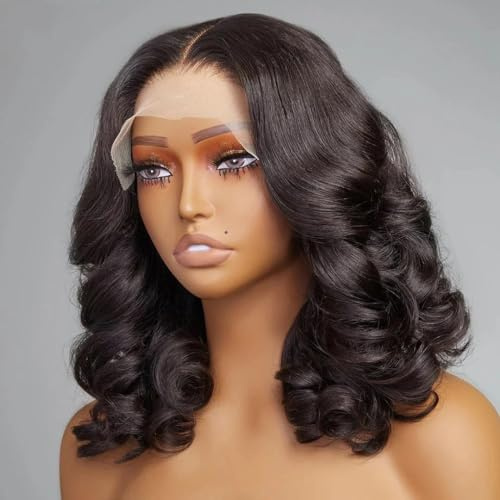 Pelucas De Cabello Humano Con Encaje Frontal Transparente, Pelucas De Cabello Humano Con Ondas De Cuerpo Sueltas Cortas, Pelucas Frontales De Encaje Bob Para Mujeres 13x4 Lace Fronatl 14inch#180