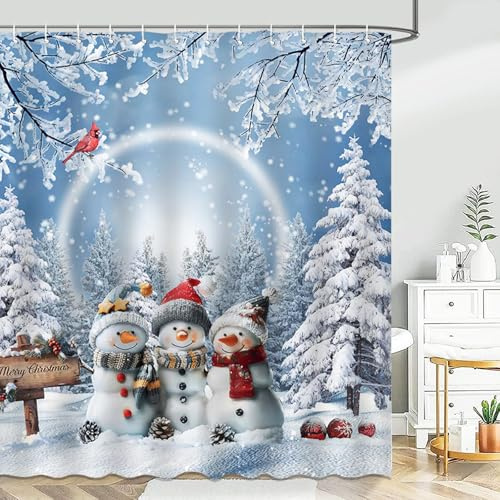 Avezano Winter Christmas Snowman Shower Curtain Winter Snowman Xmas Tree Snowflake Holiday Bathroom Shower Curtain Waterproof Bathtub Curtain Decor with 12 Hooks 72 X 72 Inches