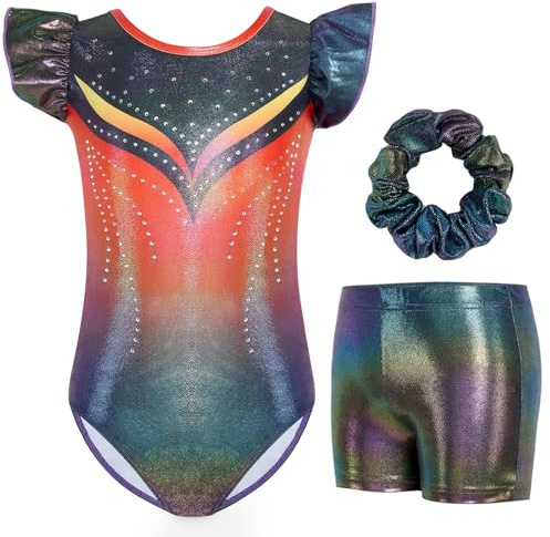 Gogokids Mädchen 3-teiliges Flatterärmel Gymnastik Set - Kinder Gymnastiktrikots mit Farbverlauf Pailletten & Glitzer Design, Gymnastikkostüm Set enthält Trikot, Shorts und Haarband für 9-10 Jahren
