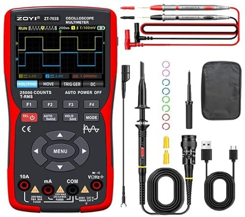 ZOYI ZT-703S Oscilloscope Multimeter Built-in Signal Generator, 25,000 Counts, 2-Channel, 50 MHz, 280 MSa/s, 3.5″ IPS Colour Display
