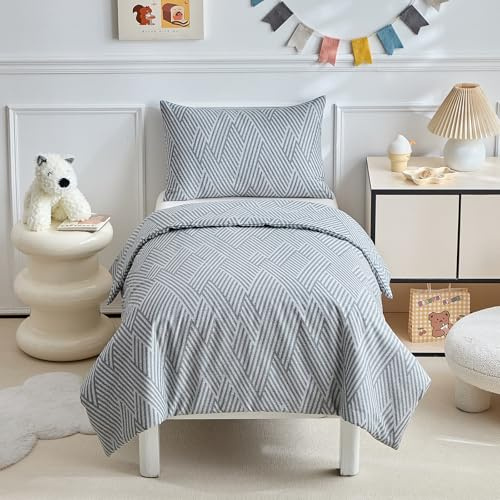 Parure de lit DuShow en coton pour lit de bébé, ensemble de housse de couette et taie d'oreiller gris à rayures pour tout-petits garçons, ensemble de literie réversible pour junior et tout-petit - 120