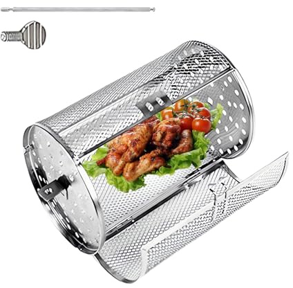 BBQ Rolling Outdoor Wind Up Grill Cage,Rotating Grill Basket,Chicken Wing Basket Automatic Wind Up 360 BBQ Rolling Grill Cage,Stainless Steel Rotating Grill