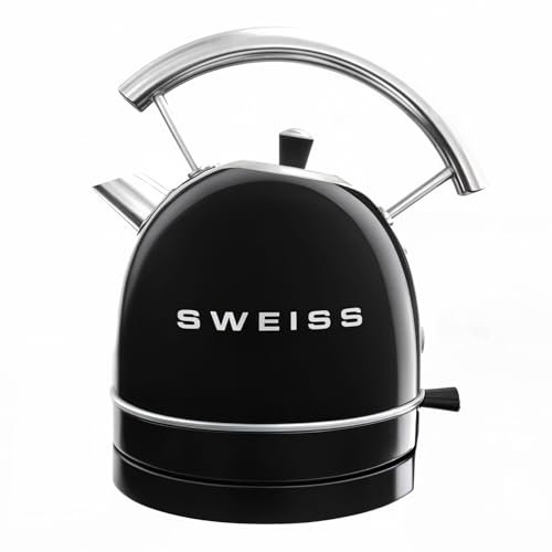 SWEISS Hervidor eléctrico vintage KTL9 1,5L, Práctico y compacto de acero inoxidable 2200W, Ebullición rápida, Nivel de agua visible y graduado, Desconexión automática, Base 360°, Negro