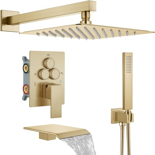 Midanya Set doccia a pioggia, soffione doccia con doccetta e doccetta a cascata, con valvola di scarico inclusa, con pulsante, 25,4 cm, oro spazzolato
