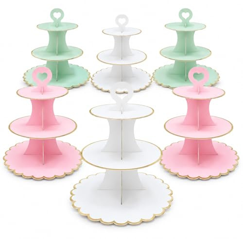 UKoosien 6 Pack Multicolor Cardboard Cake Stand 3 Tier, Afternoon Tea Stands for Wedding Baby Shower Birthday Party, Round Dessert Tower Display (white and pink green)