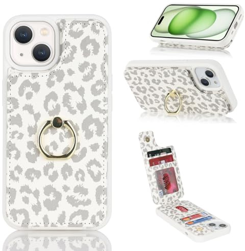 Cavor Phone Case compatible with iPhone 15 Case With Card Holder,Flip Leather Wallet Case,Buckle Metal Ring Shockproof Cover Case compatible with iPhone 15 - White Leopard