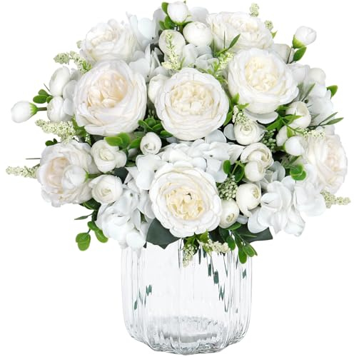 SOMYTING 2 Bündel Pfingstrose Künstliche Blumen Kunstblumen (Weiß) | Pfingstrose Blumenstrauß Hortensienblüten Seidenpfingstrosen Blumensträuße für Hochzeit Tischaufsätze Blumenarrangement Dekor
