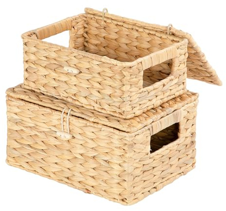 Ezvsevuo 2 Cestino Portaoggett - Cesta Vimini con Coperchio in Rattan Intrecciato Fatto a Manograss - Cesto Vimini per Bagno, Soggiorno, Cestino Portaoggetti Multiuso - 28,5x20x14cm&23,5x17,5x11cm