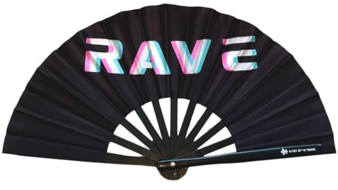 Generisch Ventaglio Rave – XXL ventaglio a mano – Accessorio indispensabile per Rave Techno e festival: scomparti stabili bambù legno nero pieghevole e grande (33 cm)