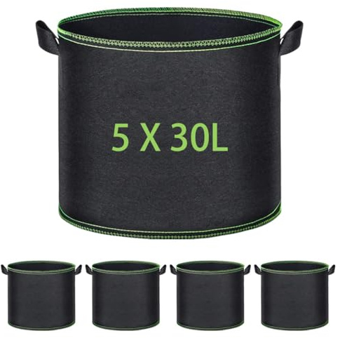 5X Bolsas de Cultivo 30L, Macetas de Tela No Tejida con Asas Reforzadas, Sacos para Plantas Reutilizables para Jardinería en Balcones, Terrazas o Invernaderos