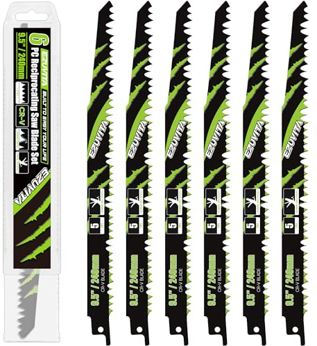 EZUVITA 6-Piece Cr-V Wood Pruning Reciprocating Saw Blades with Storage Case, 240mm Saw Blades for Trees Wood Cutting