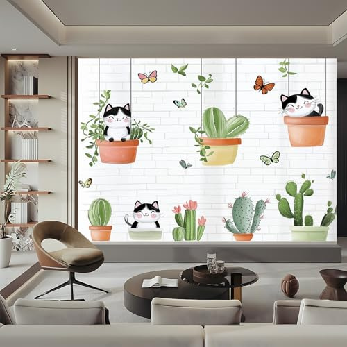 Photo Wallpaper Cat Cactus 300 x 210 cm (W x H) - Non-Woven Premium Art Print Fleece Wall Mural Decoration Poster Picture Design Cute for Living Room, Bedroom, Office