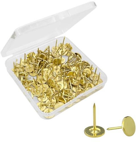 100 Piezas Chinchetas de Cabeza Plana, Chinchetas de Aleación para Uso Pesado, Punteras para Tablero de Avisos, Madera, Tela, Hogar, Oficina (Dorado)