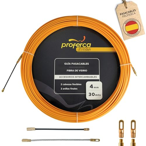 PROFERCA Guia Pasacables Profesional de 4mm y 30 Metros de fibra de vidrio reforzada | Terminales Intercambiables | Especial jardines y Techos