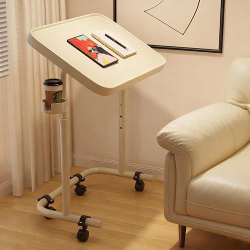 Höhenverstellbarer & Laptoptisch mit Getränkehalter, tragbarer Betttisch, Mobiler Computertisch/Beistelltisch, für Sofa, Bett oder Büro, Kleiner Schreibtisch(Beige)