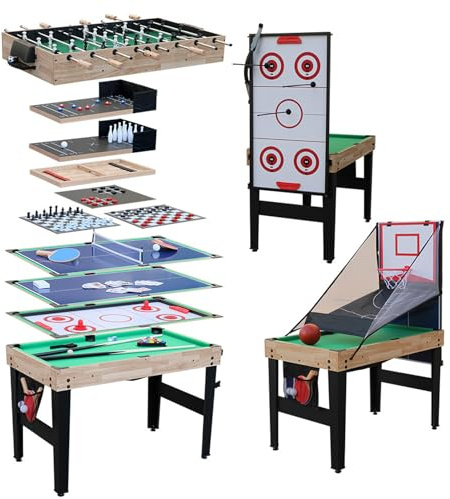 Mesa de Juegos múltiple 13 en 1, Mesa de Billar, Tenis de Mesa, futbolín, Air Hockey y Baloncesto, Mesa de Juego Convertible Todo en uno con Pelotas, paletas y Accesorios para niños, Adultos