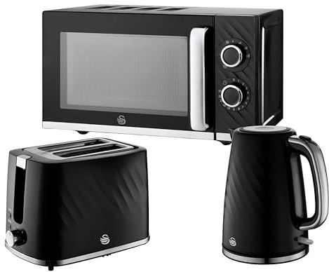 Swan Windsor Black 3 Piece Kitchen Appliance Set – 1.7L Kettle, 2 Slice Toaster & 20L Microwave (SM4424BLK) – Textured Gloss Finish with Chrome Accents, Contemporary Matching Kitchen Appliances