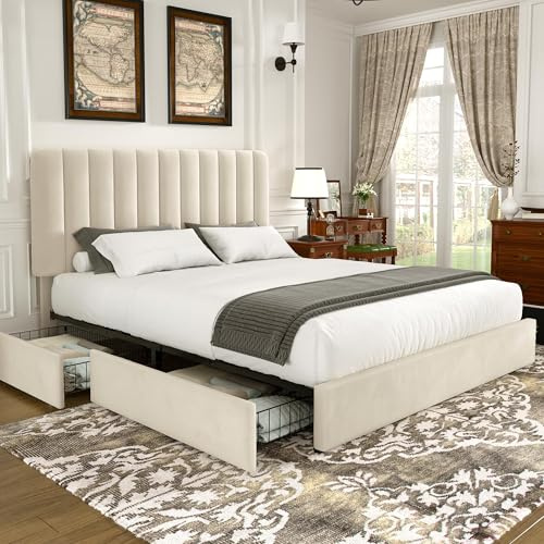 VECELO Lit Double Rembourré 140 x 190 cm avec 4 Tiroirs et Tête de Lit Réglable, Cadre de Lit en Velours, Support à Lattes en Bois Solide, Facile à Assembler, Beige