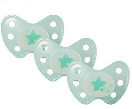 Dentistar® Nattsilikonnapp – set med 3 – nattlampa för baby – lyser i mörkret – storlek 3–14 månader – upplyst dummy – tandborste – tillverkad i Tyskland – BPA-fri – stjärnor turkos