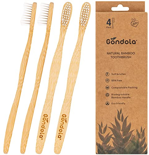 Gondola Adults Bamboo Toothbrushes - Eco Friendly Wooden Toothbrushes with Soft Bristles & Smooth Bamboo Handles - Biodegradable & Zero Waste Packaging - 4 Pack