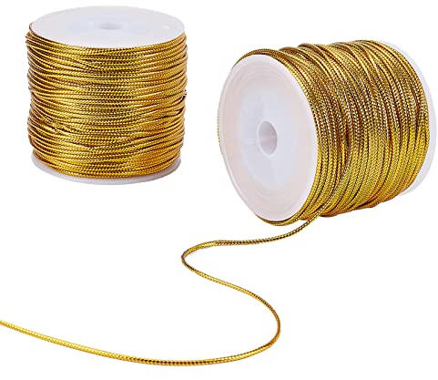 PandaHall Elite ca. 100m 2mm Metallkordel Gold geflochtene Metallperlen Kordeln Metallic Lametta Kordel Lametta String für Geschenkverpackung Ribbon Craft Making
