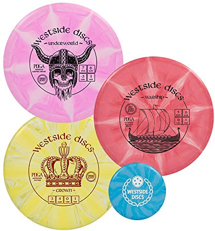 Westside Discs Origio Burst 3-Disc Golf Starter Set - Ideal All-in-One Disc Golf Set for Men - 1x Fairway Driver, 1x Midrange & 1x Putter Discs - Mini Marker Included - Colors Will Vary