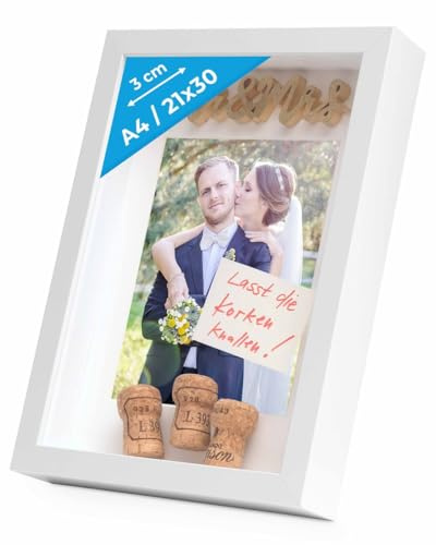 PHOTOLINI 3D Bilderrahmen zum Befüllen 21x30 A4 Weiß, 3 cm tiefer Objektrahmen mit Glas, tiefer Bilderrahmen A4 21x30 Holz MDF mit Passepartout, Dicker 3D Rahmen befüllbar für Gegenstände Geschenk