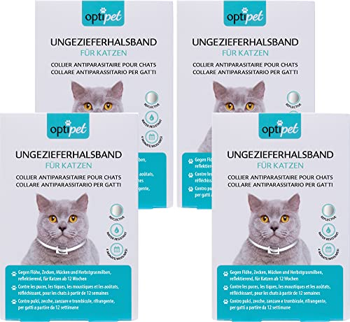 OptiPet x4 Ungezieferhalsband für Katzen | 4 Monate Schutz gegen Flöhe Zecken Mücken Milben - reflektierend, für Katzen ab 12 Wochen | Flohhalsband Katzen/Zeckenhalsband für Zeckenschutz Katze