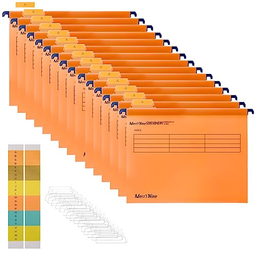 Upphängningsfiler, MerryNine 15 st polypropylen arkivskåp upphängningsfiler med flikar och kortinlägg för skola hem arbete kontor organisation (orange, A4)
