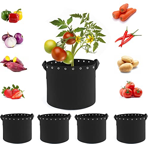 HOSECES Lot de 5 sacs de culture pour légumes, en tissu non tissé épais avec poignées et trous, contenants en tissu végétal de 11 litres (3 gallons)